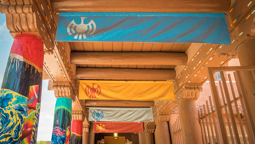 View of a colorful walkway in the plaza in downtown Santa Fe New Mexico.