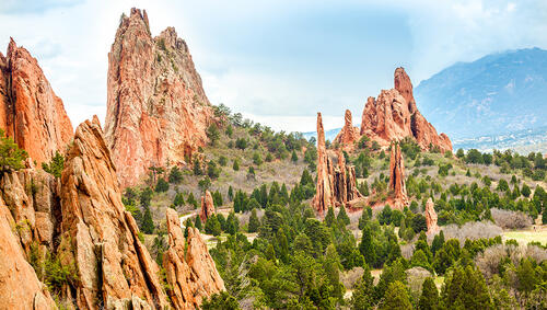Large red rock formations in Garden of the Gods. 