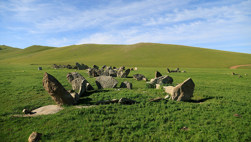 Deer stone monuments and square graves of Temeen Chuluu, Mongolia