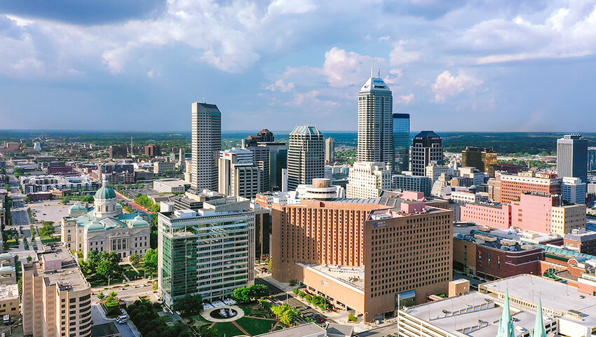 Aerial of Indianapolis downtown with Statehouse.