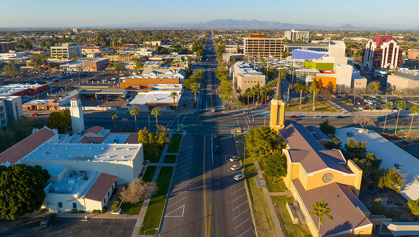 Aerial of Mesa, Arizona city center.