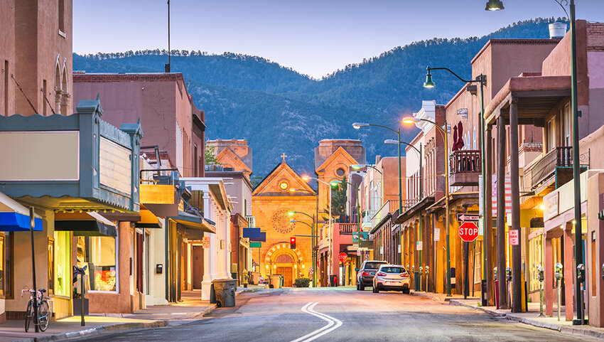 Downtown Santa Fe street and dusk.