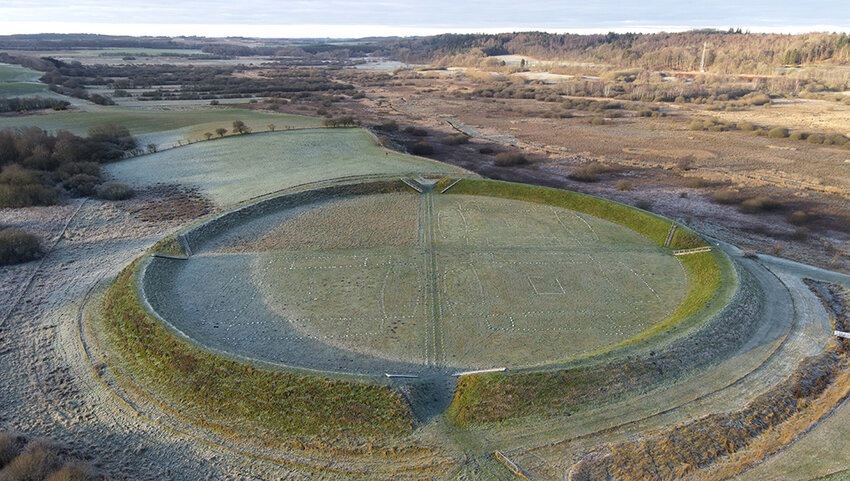 Aerial of circle that is the ruins of a Viking-Age Ring Fortress.