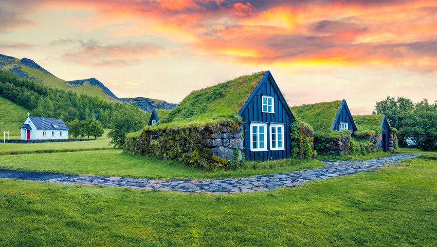 Turf-top houses in Iceland's Skogar Village.