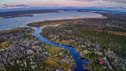 Aerial of the town of Angle Inlet. 