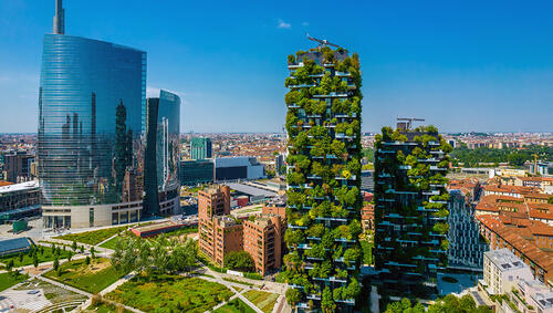 Skyscrapers covered in greenery.