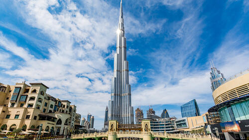 View of Burj Khalifa with sun reflection on building. 