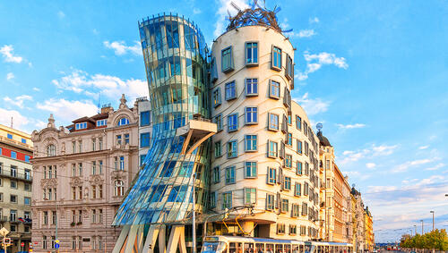 Dancing house or Fred and Ginger building at sunset. 