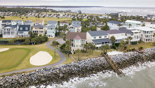 Aerial of houses and golf course along the shore of Fripp Island, South Carolina.