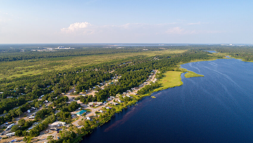 Late afternoon aerial view of Gulf State Park in Gulf Shores, Alabama.