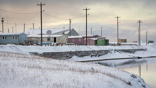 Coastline homes along the lagoon in Kaktovik, Alaska