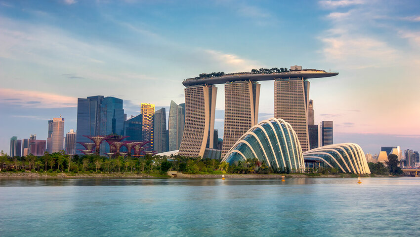 Singapore financial district skyline.