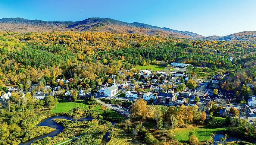 Fall colors in the village of Stowe, Vermont.