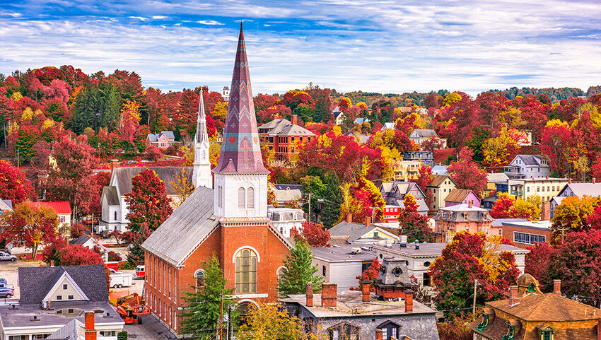 Montpelier, Vermont town skyline in autumn.